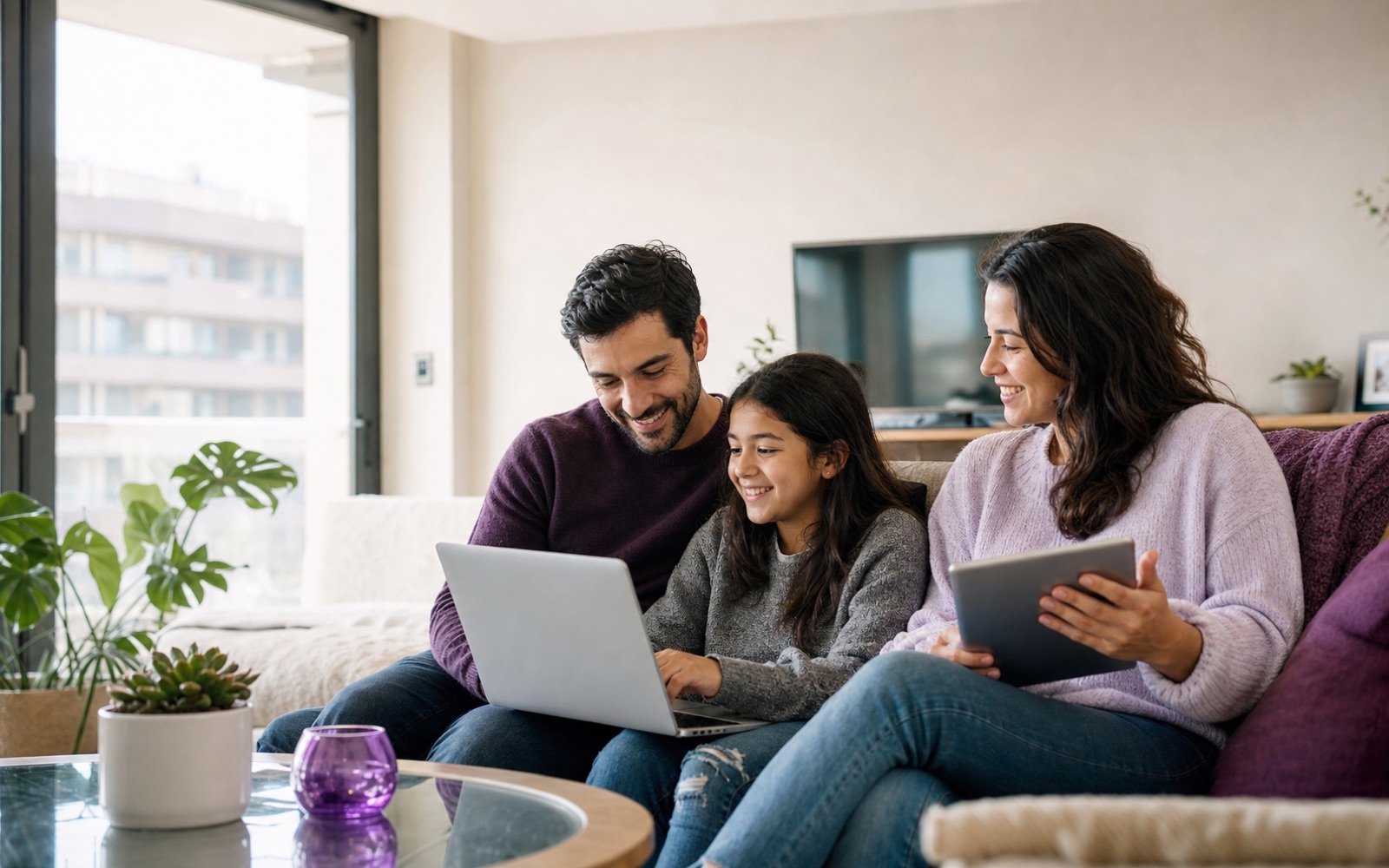 Familia compartiendo y usando internet en el hogar